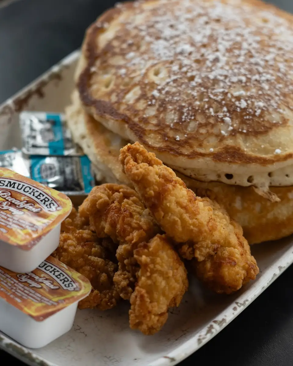 Chicken & Pancakes from the Game Day Brunch: golden chicken strips on a stack of pancakes